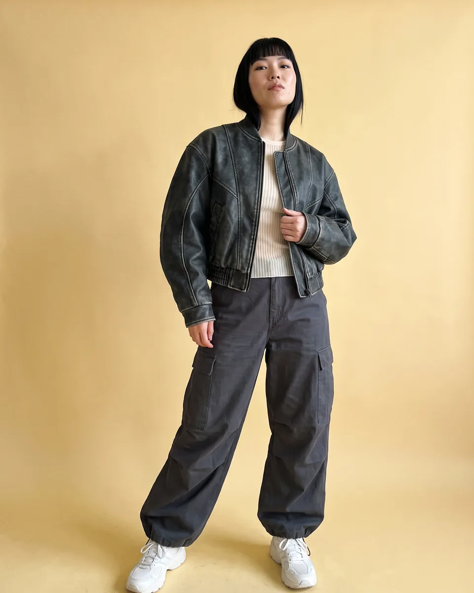 El look: una cazadora bomber corta de cuero negro lavado con mangas curvas, un top transparente color crudo y un pantalón cargo barrel gris marengo