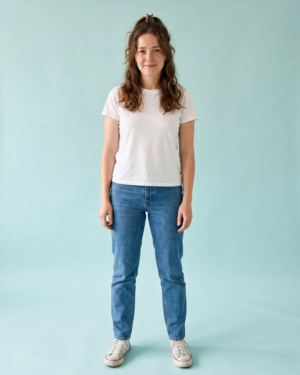 Una mujer joven con una camiseta blanca lisa y vaqueros azules