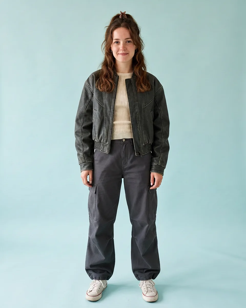 La misma mujer joven con la bomber de cuero, el top color crudo y el pantalón cargo
