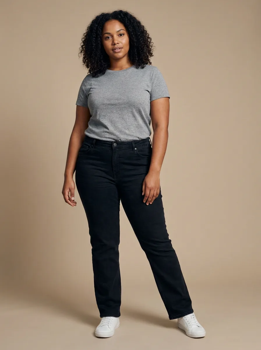 An ordinary photo: a woman in a grey t-shirt and black jeans against a plain backdrop