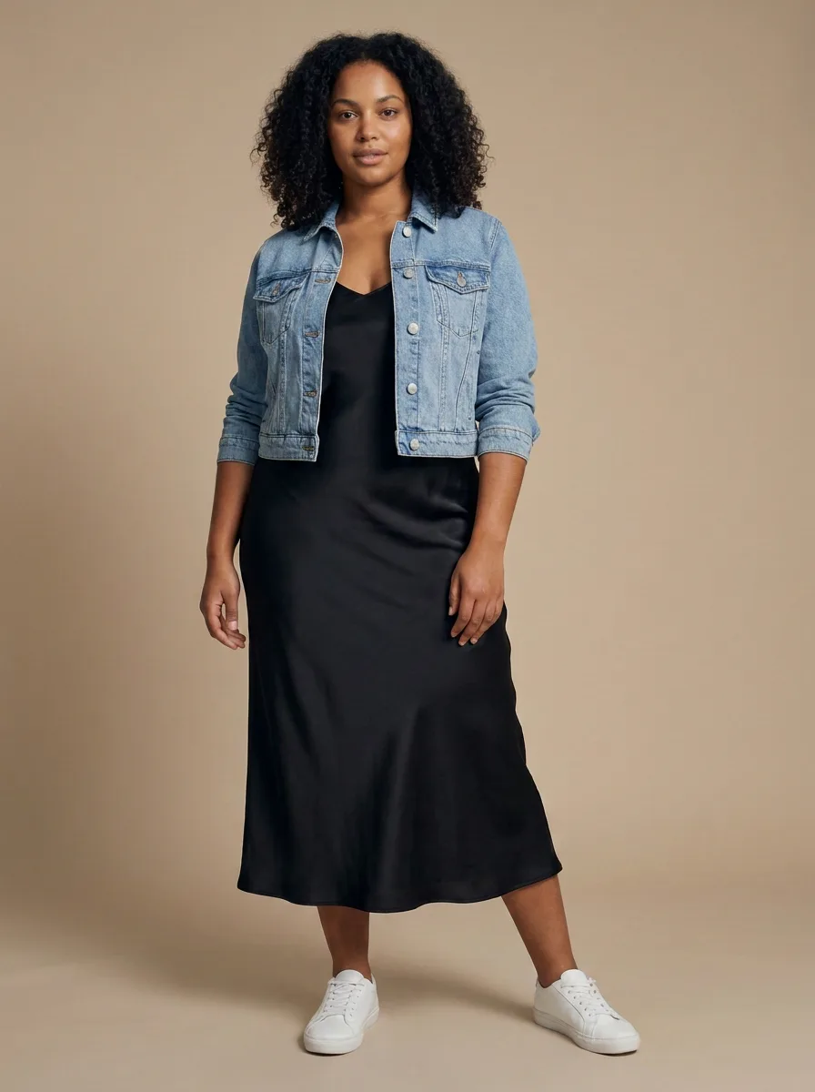 The same woman wearing a black satin slip dress with a cropped denim jacket