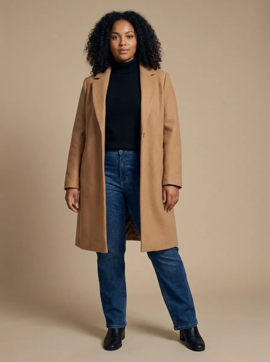 The same woman in the same pose, wearing a camel wool coat over a black roll-neck and jeans