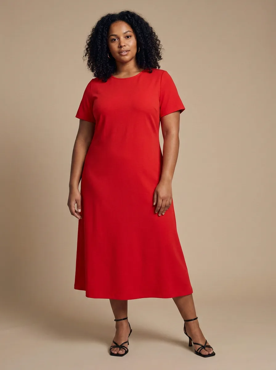 The same woman wearing a scarlet red midi dress with gold hoops and strappy heels