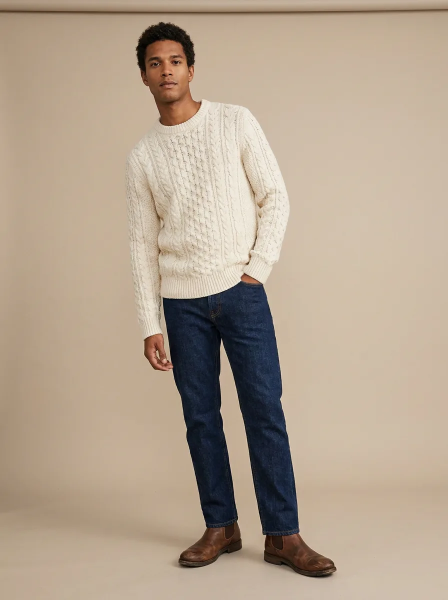 Dark straight-leg denim with a fitted knit and boots