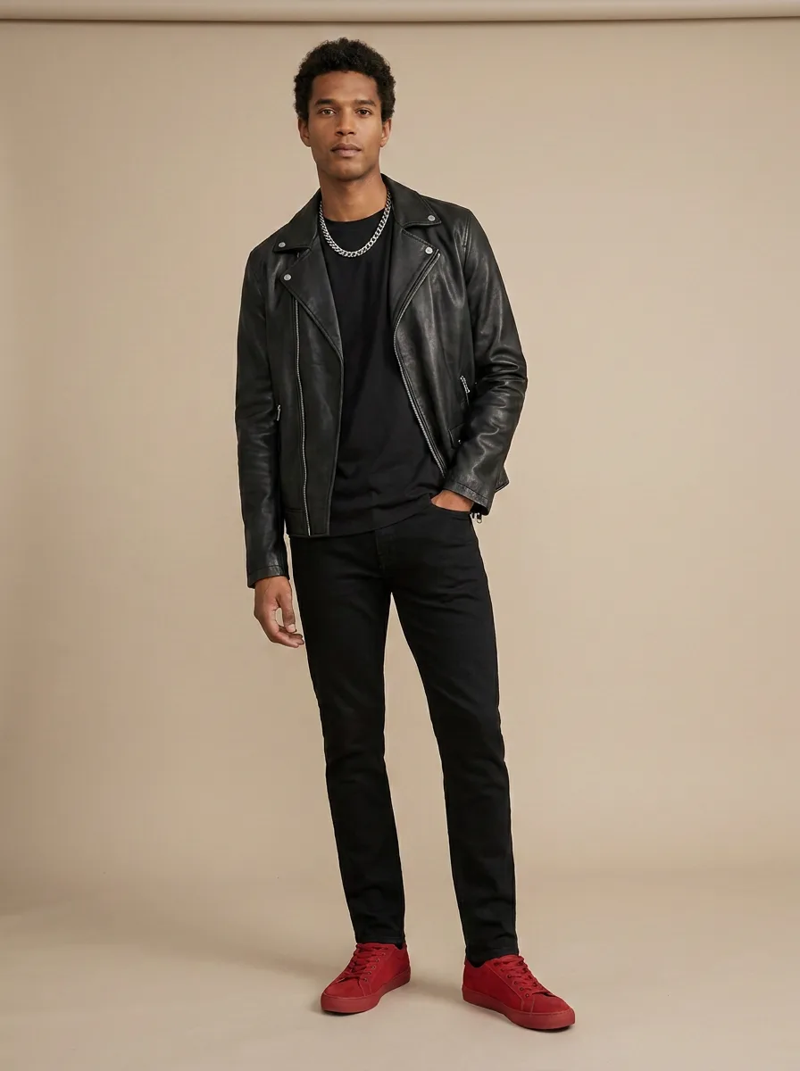 An all-black outfit worn with red low-top sneakers and a silver chain