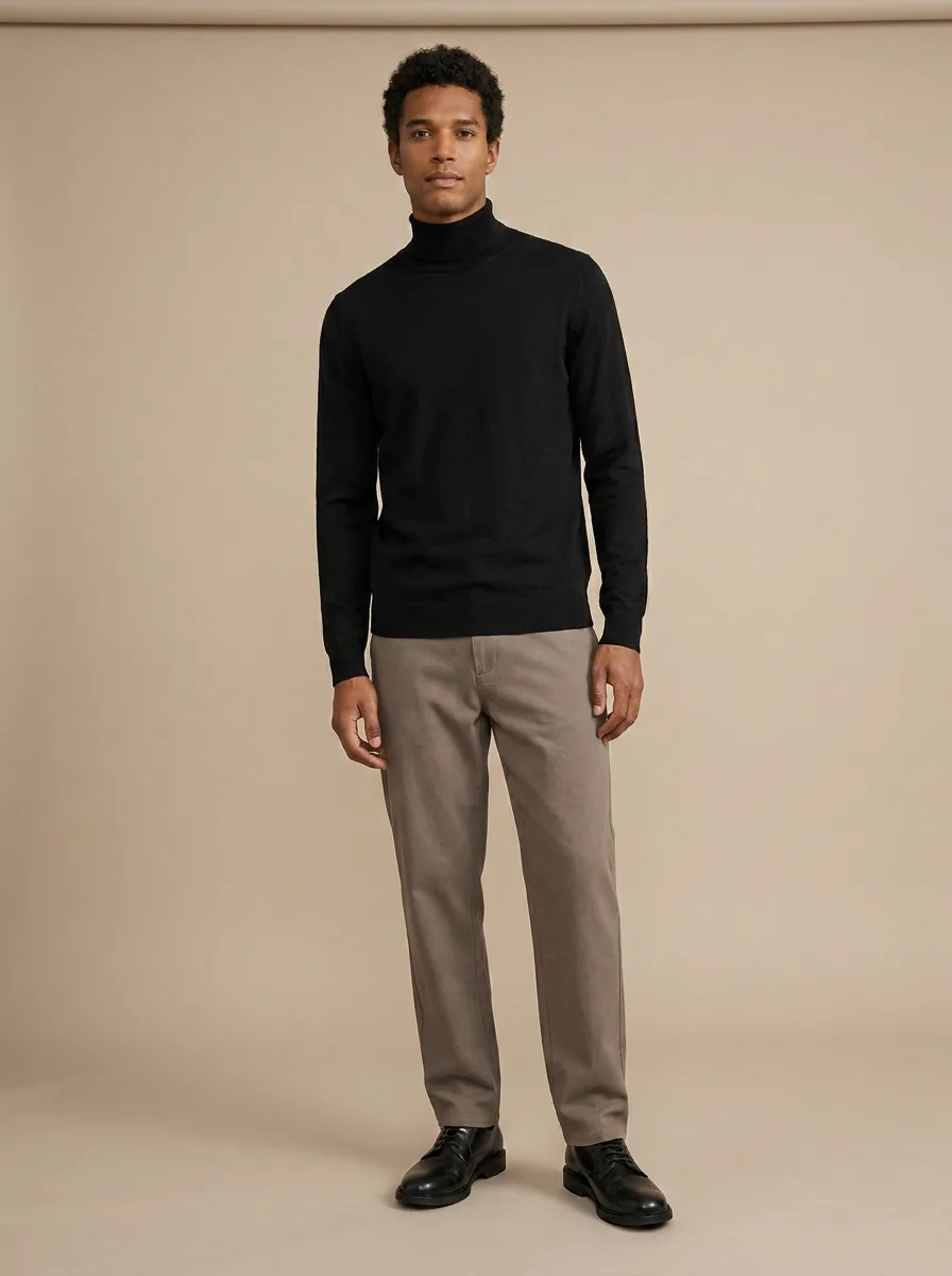Relaxed taupe trousers with a fine black knit and leather derby shoes