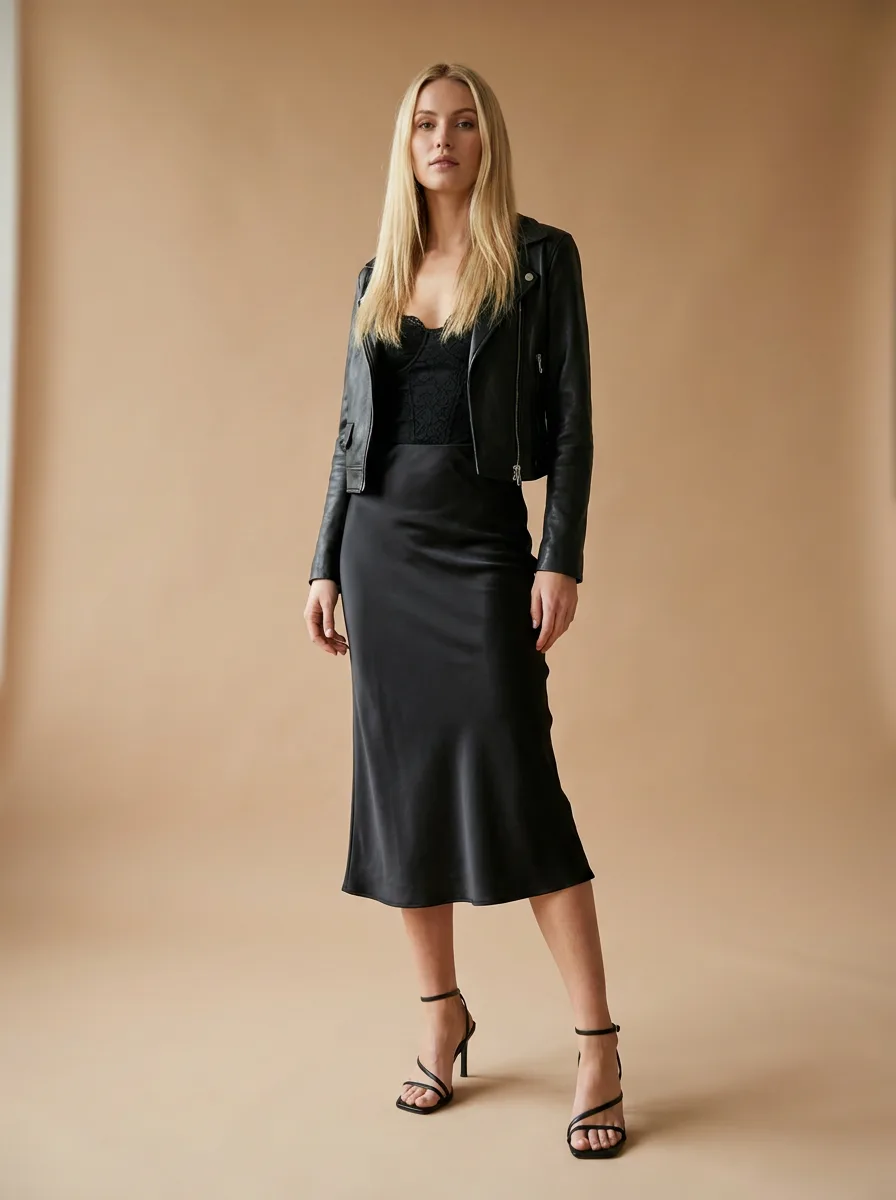 A black satin slip skirt with a fitted top and a cropped leather jacket