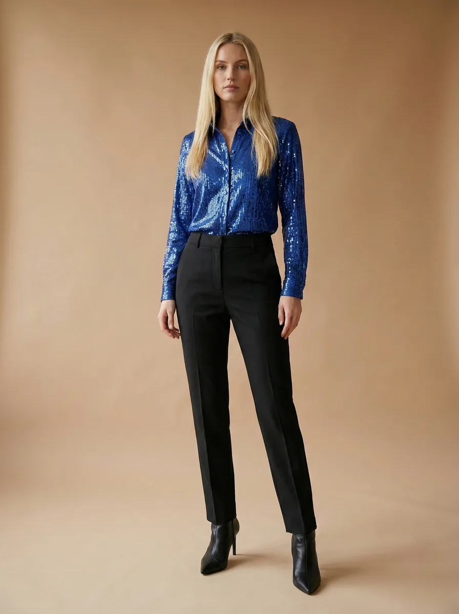 A cobalt sequinned shirt worn with black tailored trousers and heeled boots
