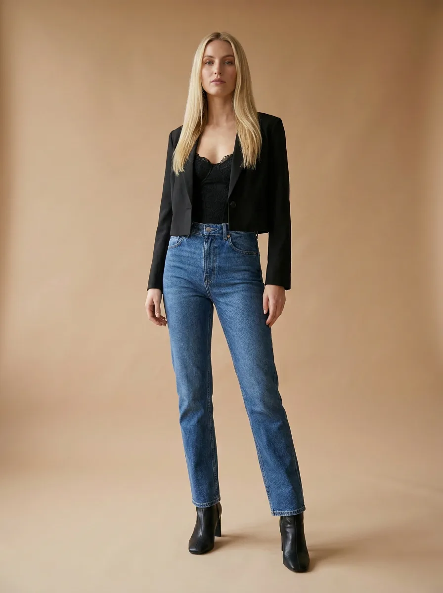 Straight-leg jeans with a lace-trim camisole, a cropped blazer and heeled ankle boots
