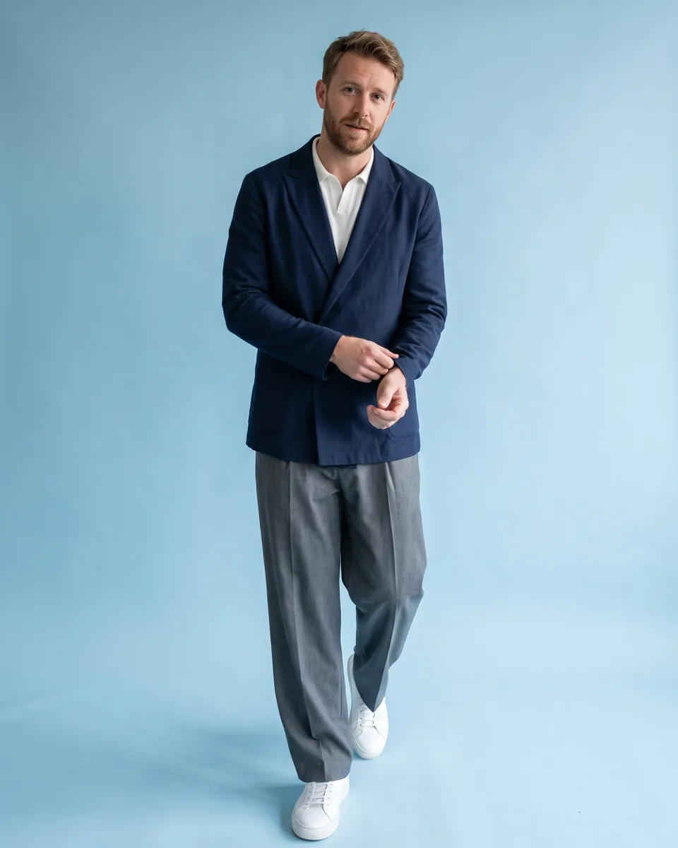 An unstructured navy blazer with a wrap front over a white knit polo, with wide grey trousers and white leather trainers