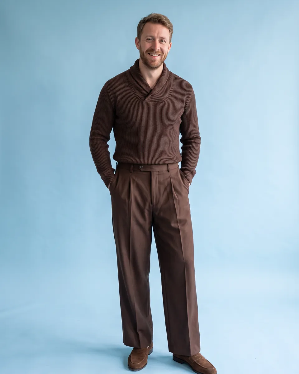 A chocolate brown ribbed knit with a draped collar, matching pleated trousers and brown suede loafers