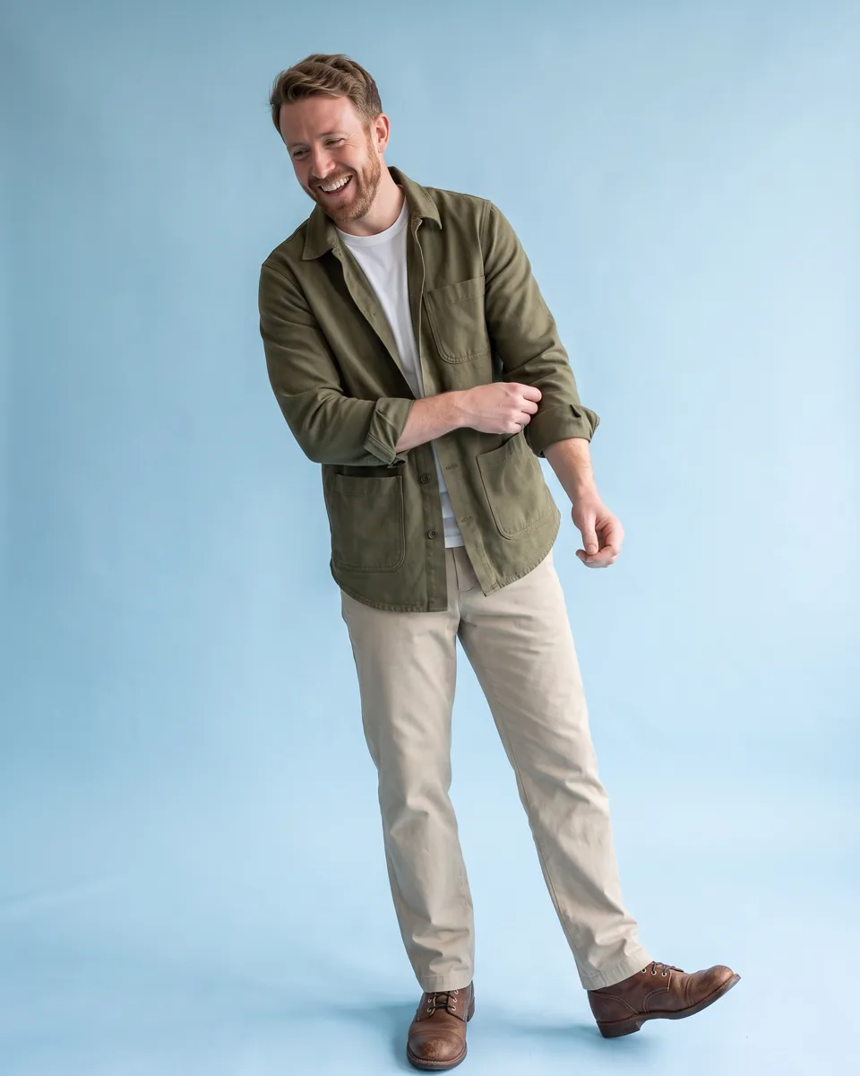 An olive cotton overshirt with oversized pockets and a curved hem over a white crew-neck tee, with stone chinos and brown leather boots
