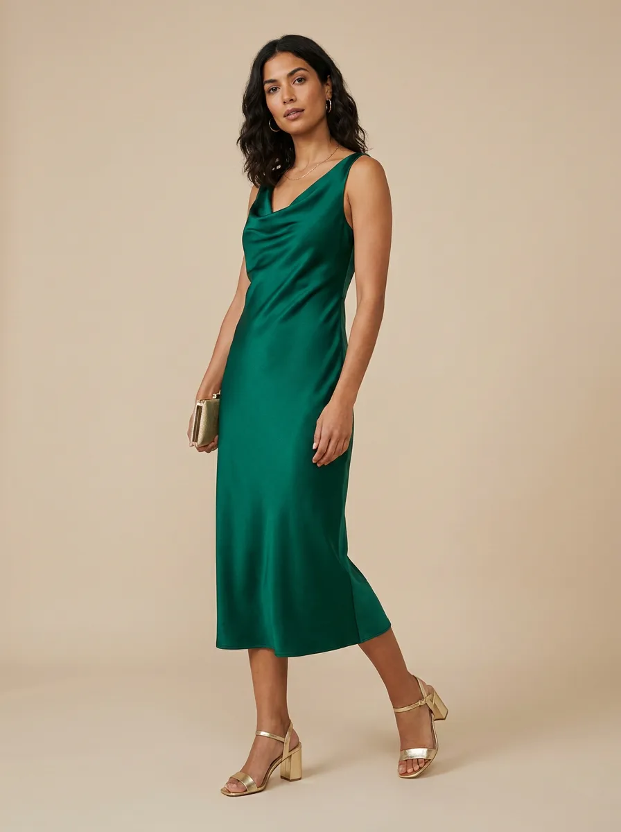 An emerald satin cowl-neck midi dress worn with gold block-heel sandals