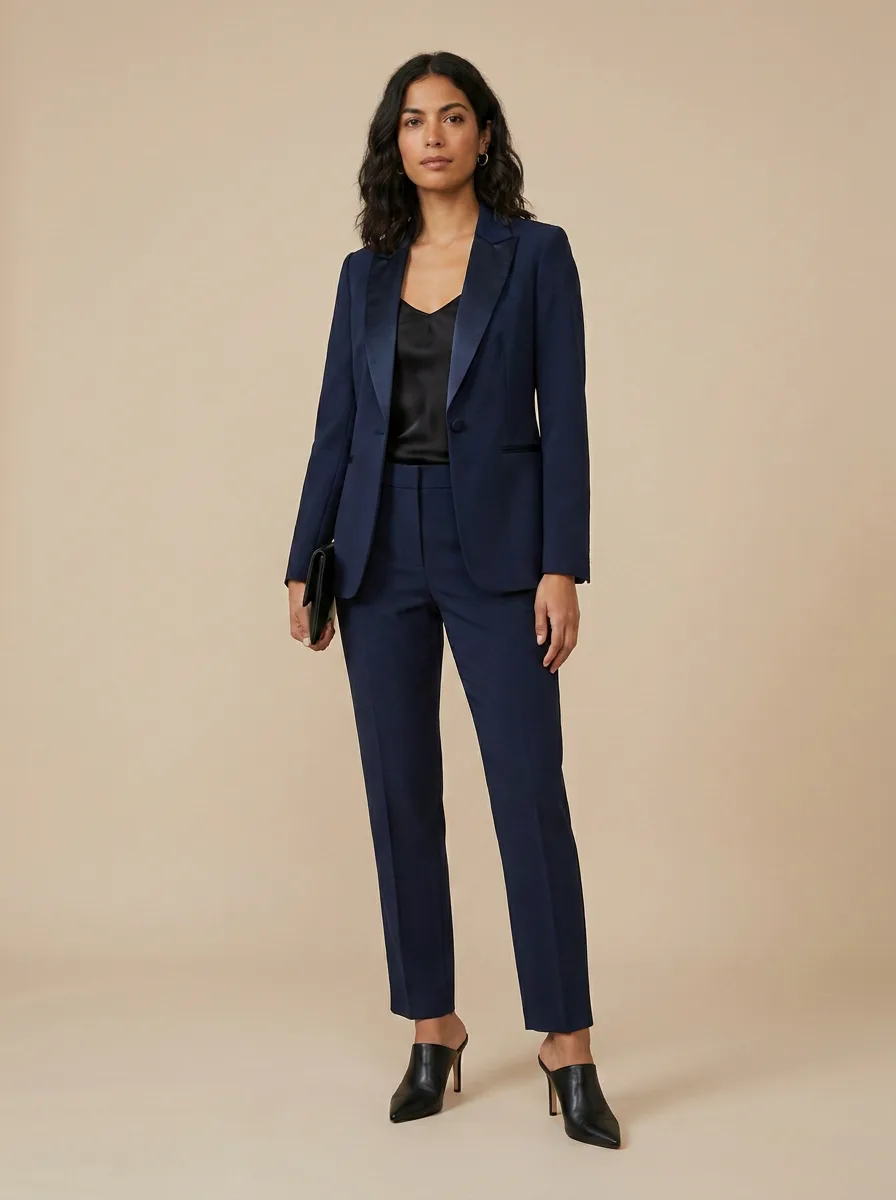 A midnight blue tuxedo-style trouser suit with satin lapels worn over a silk camisole