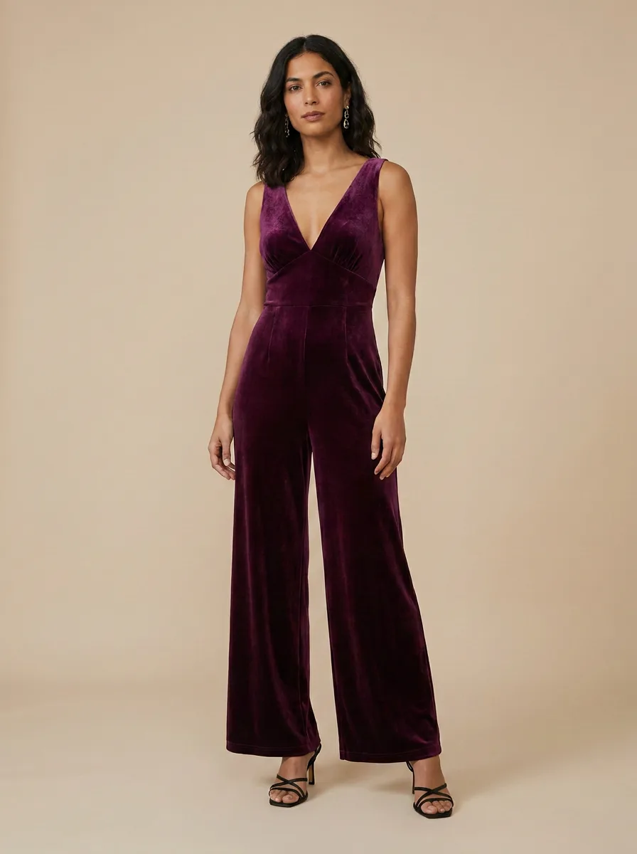 A plum velvet wide-leg jumpsuit worn with strappy heeled sandals
